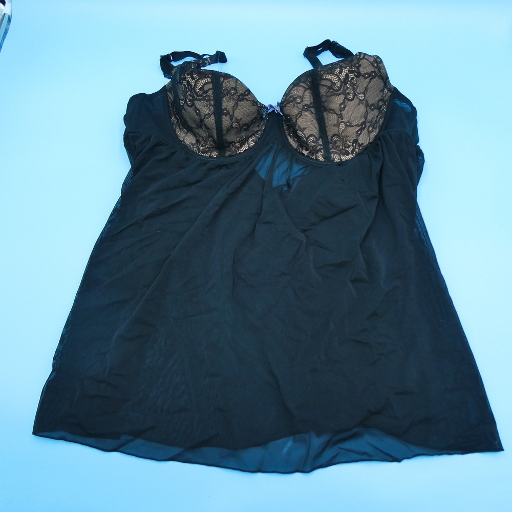 Adore Me Babydoll Womens 42D Lace Mesh Chemise Black Underwire Nylon Spandex
